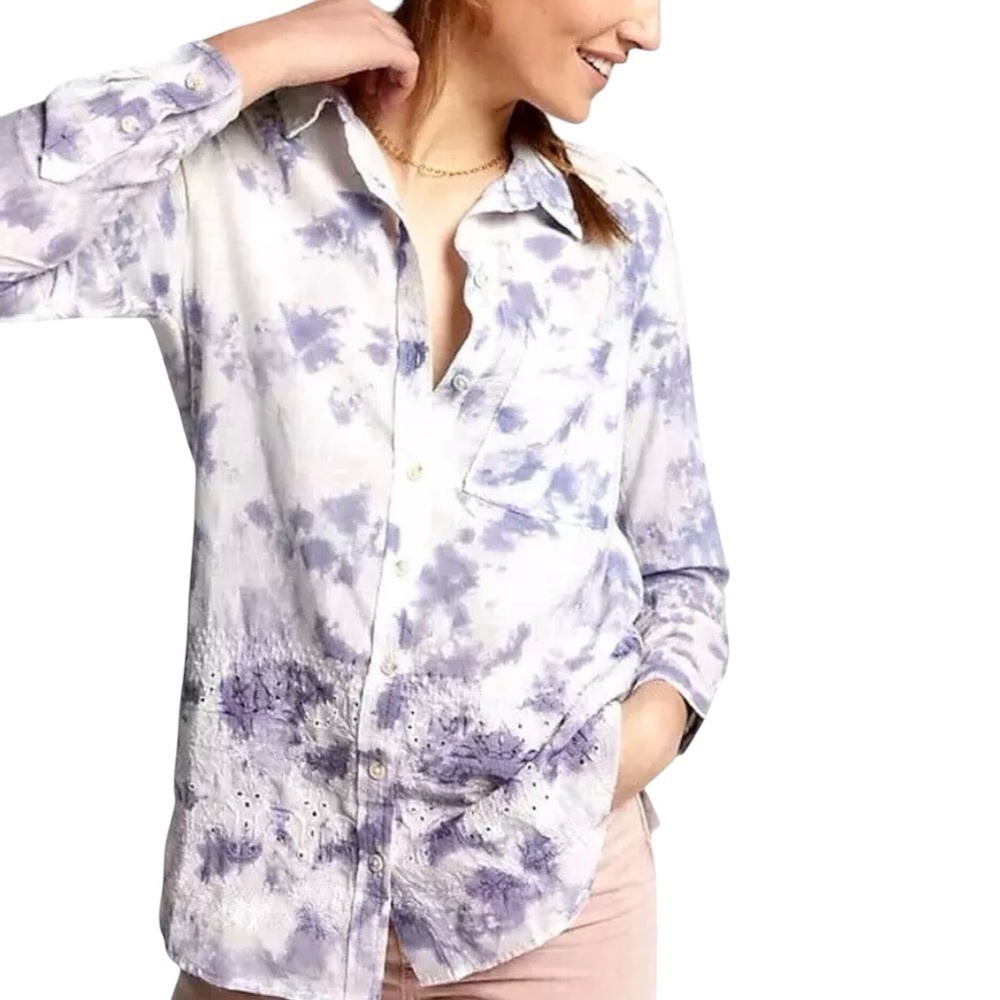 Anthropologie Pilcro Cate Tie Dye Button Down Shirt Top Eyelet Detail Women's XS